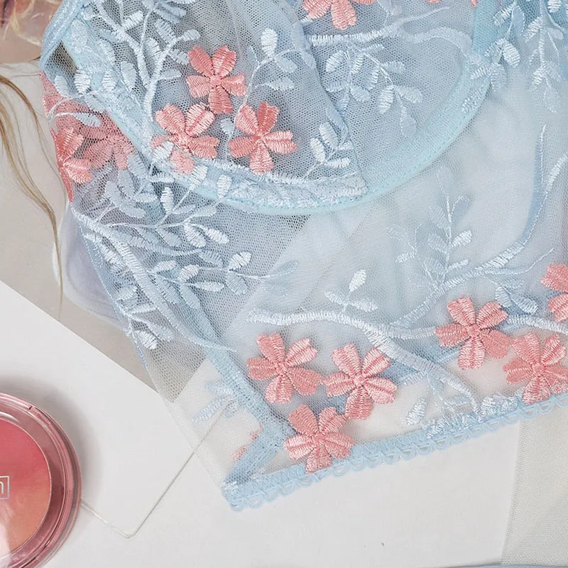 2 Piece Floral Embroidery Lingerie Underwear Transparent Lingerie Lace Bra Thong Brief Set