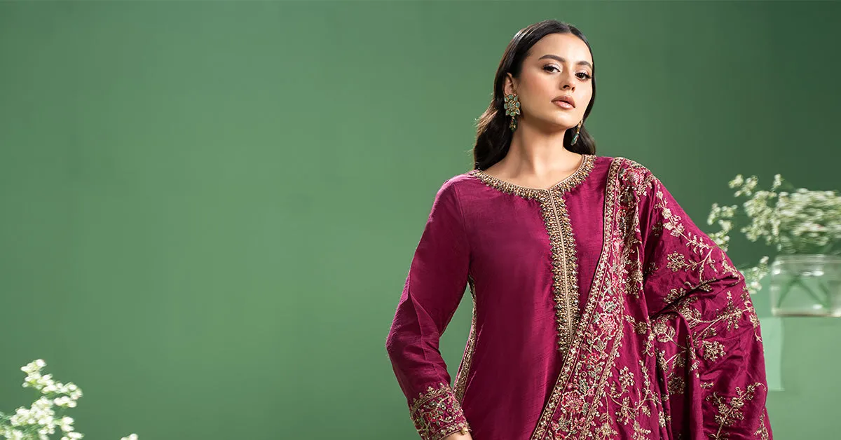 3 Piece Embroidered Raw Silk Suit | SF-W24-20