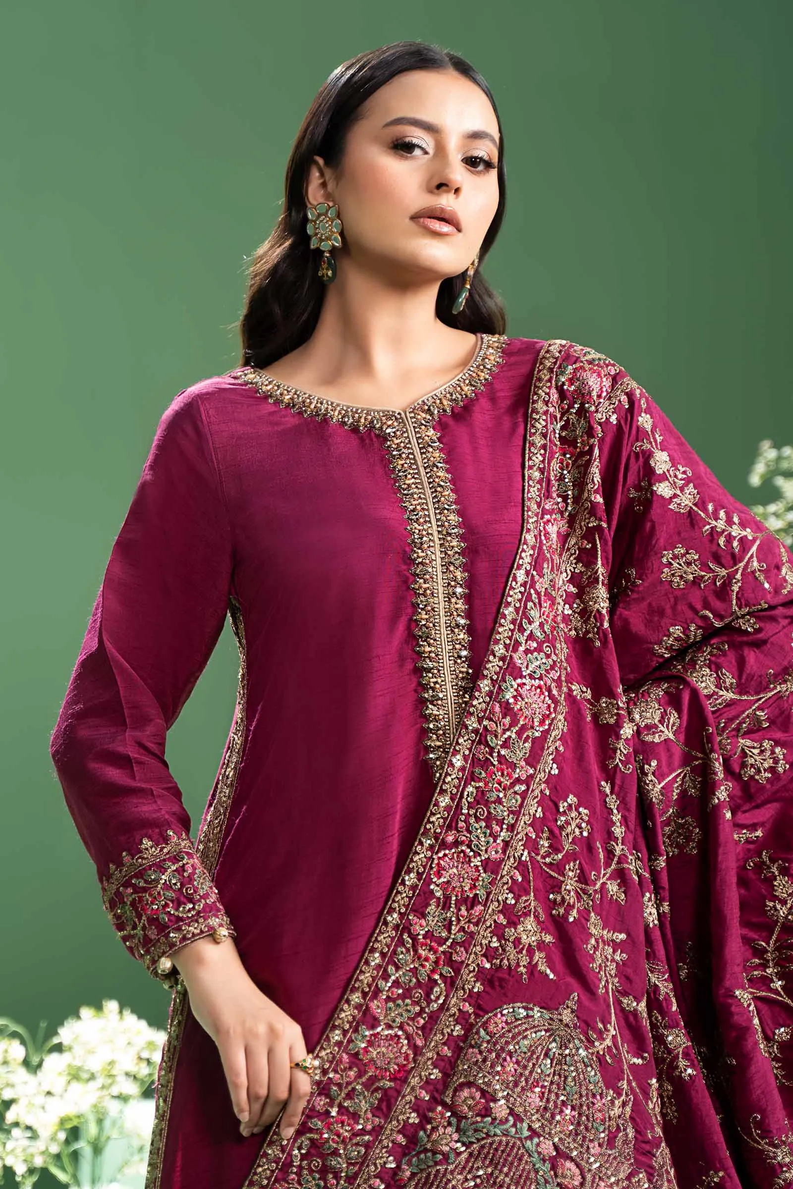 3 Piece Embroidered Raw Silk Suit | SF-W24-20