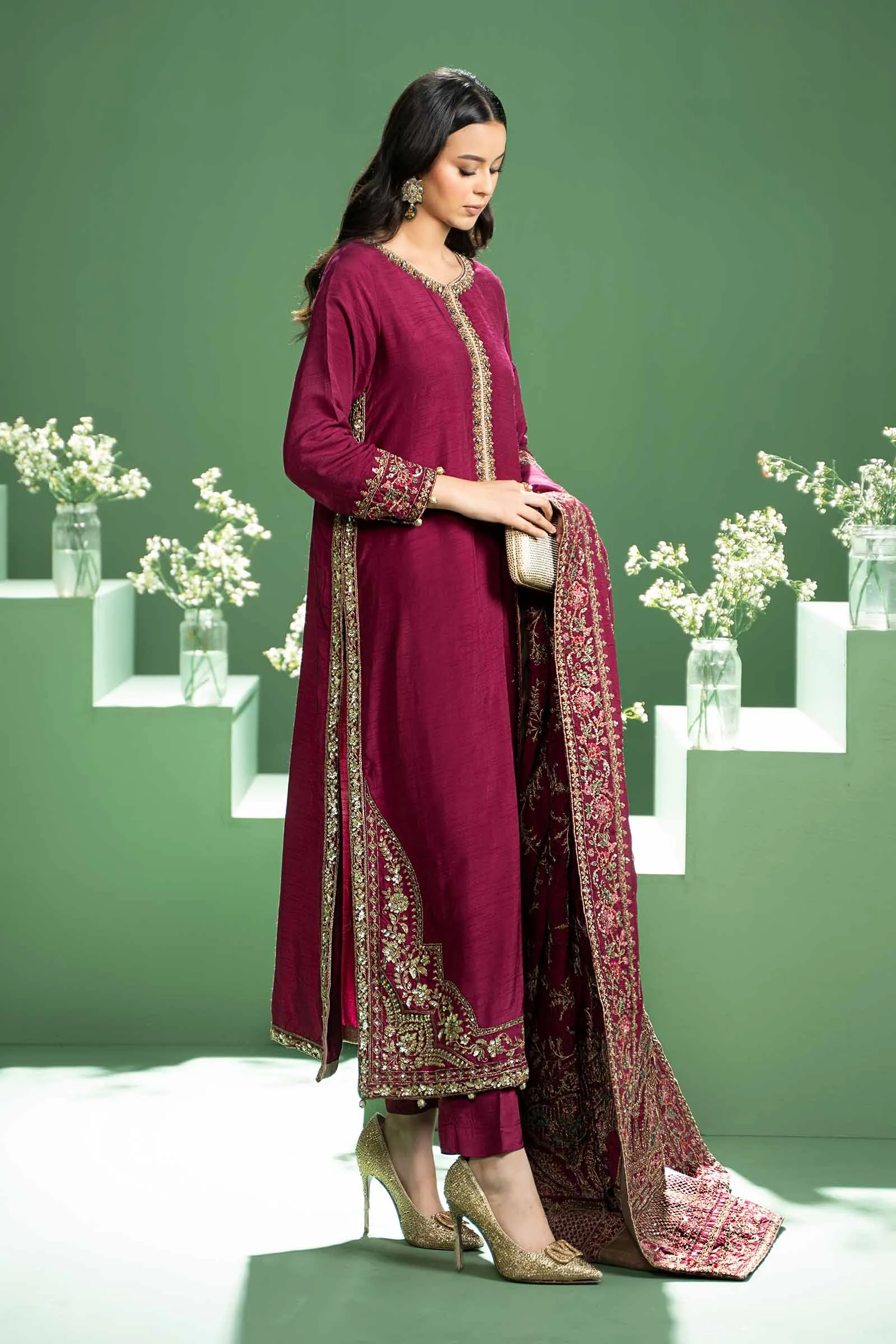 3 Piece Embroidered Raw Silk Suit | SF-W24-20