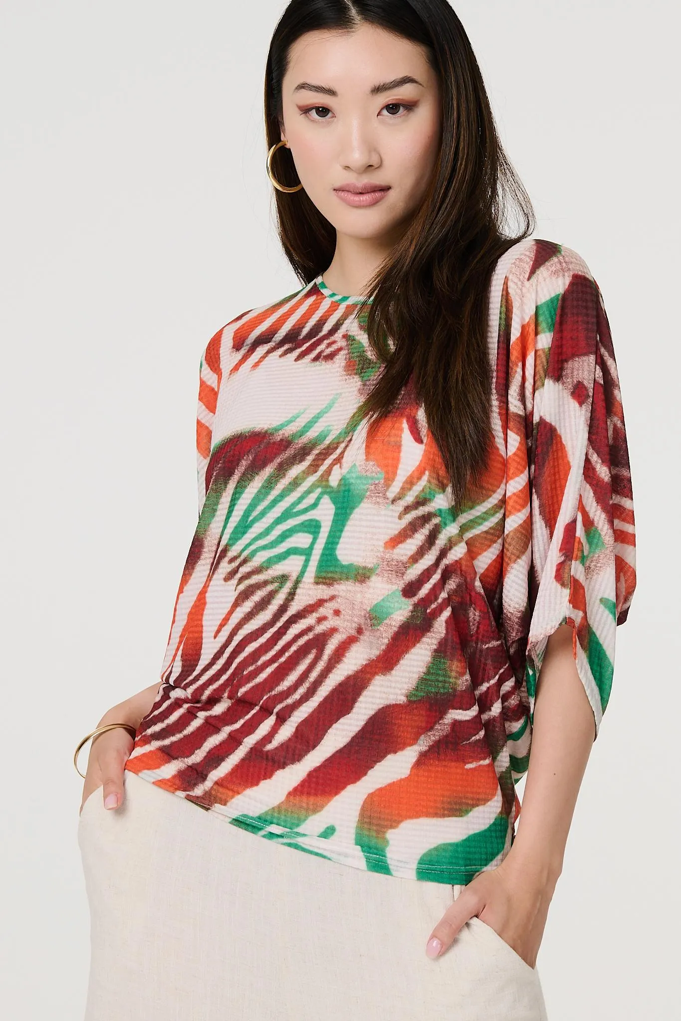 Animal Print 3/4 Sleeve Relaxed Blouse