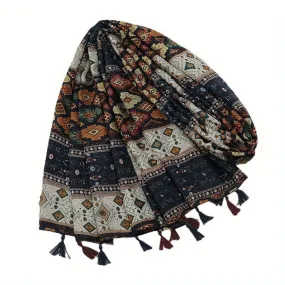 Autumn Chic Scarf Shawl - Soft Cotton-Linen Blend, Vibrant Printed Design, Tassel Trim, Sun Protection, Warm Travel Accessory for Women - Perfect for Qinghai Lake Tourism and Everyday Wear