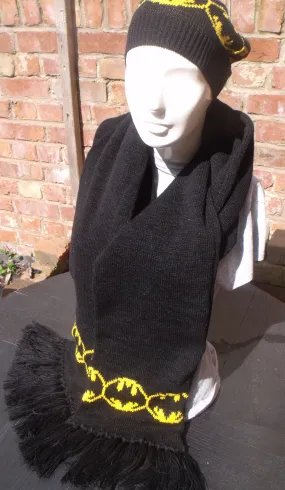 Batman Inspired, Hat and double thick 6ft Long scarf set, Black, Yellow, Super Hero