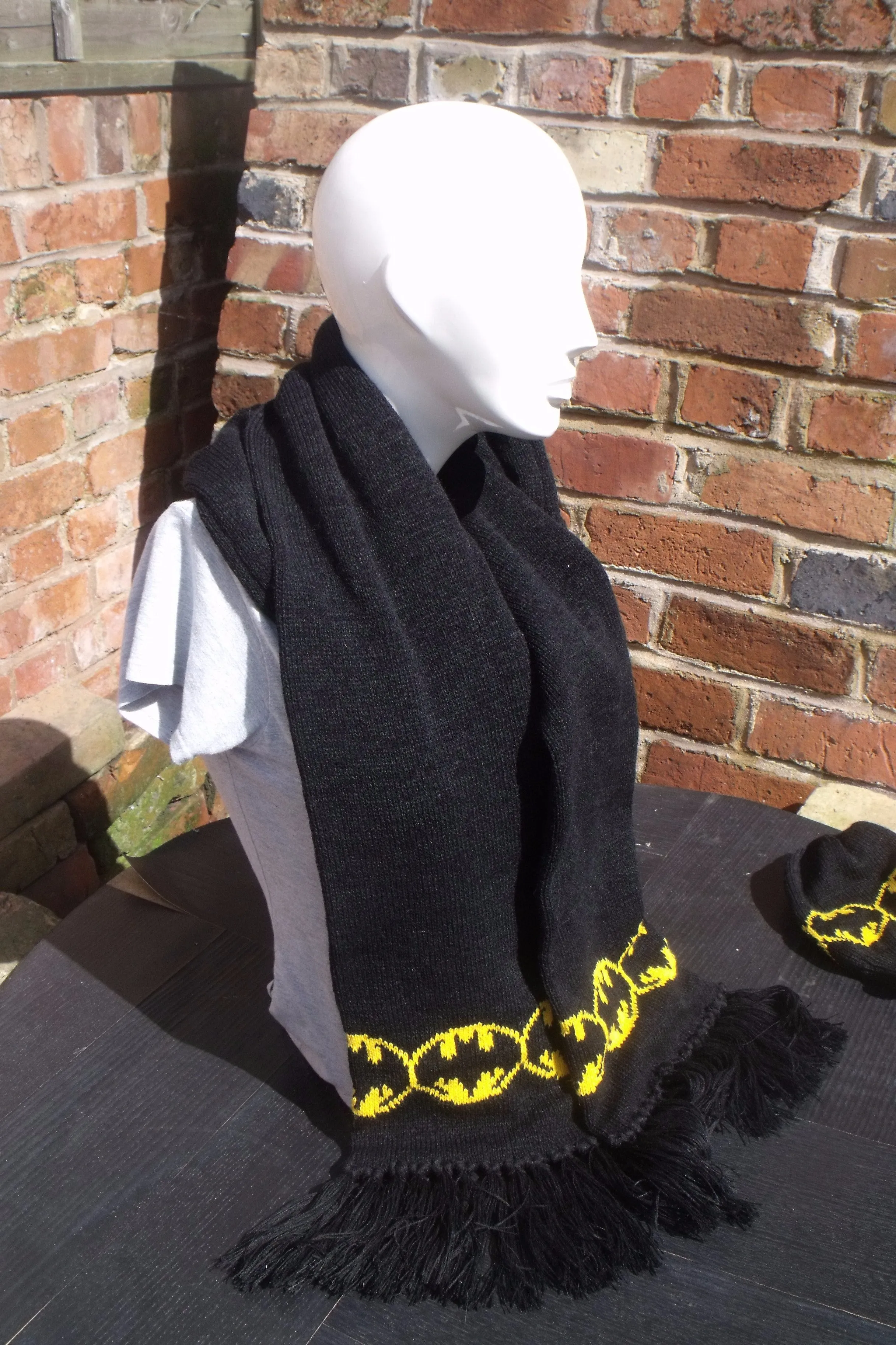 Batman Inspired, Hat and double thick 6ft Long scarf set, Black, Yellow, Super Hero