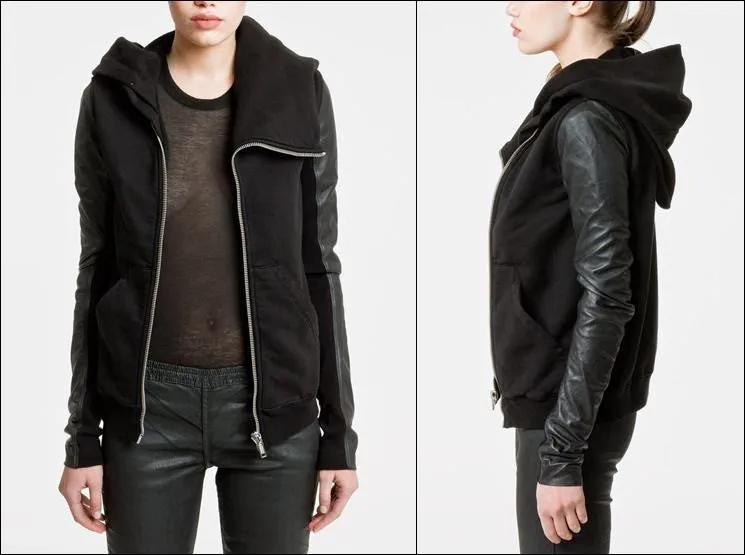 Black Dark Mountain Women Asymmetric Zip Collar Cotton Fleece Hoodie Leather Sleeves Sweatshirt