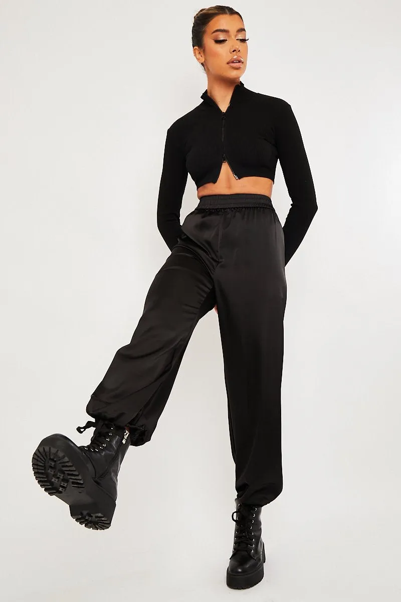 Black Luxe Satin Joggers - Ilona