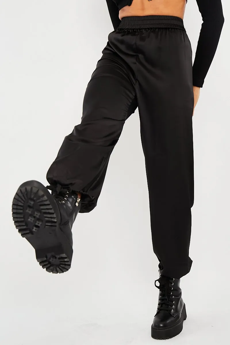 Black Luxe Satin Joggers - Ilona