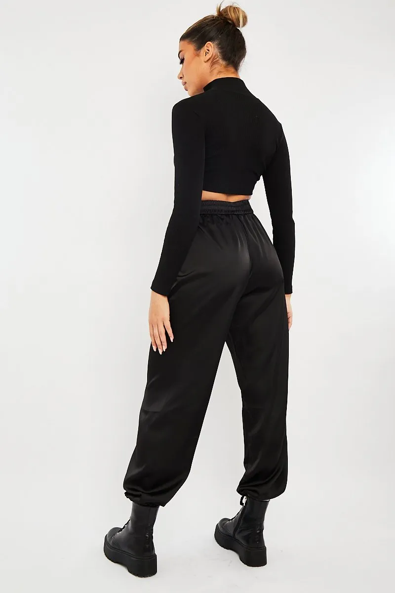 Black Luxe Satin Joggers - Ilona