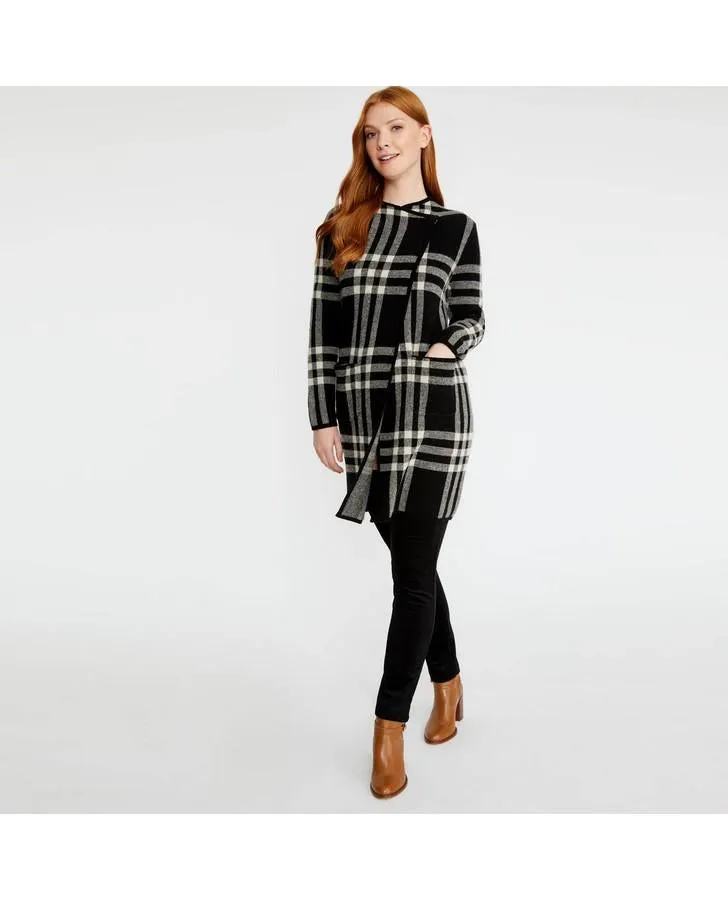 Black/Ivory Boiled Wool Long Check Cardigan