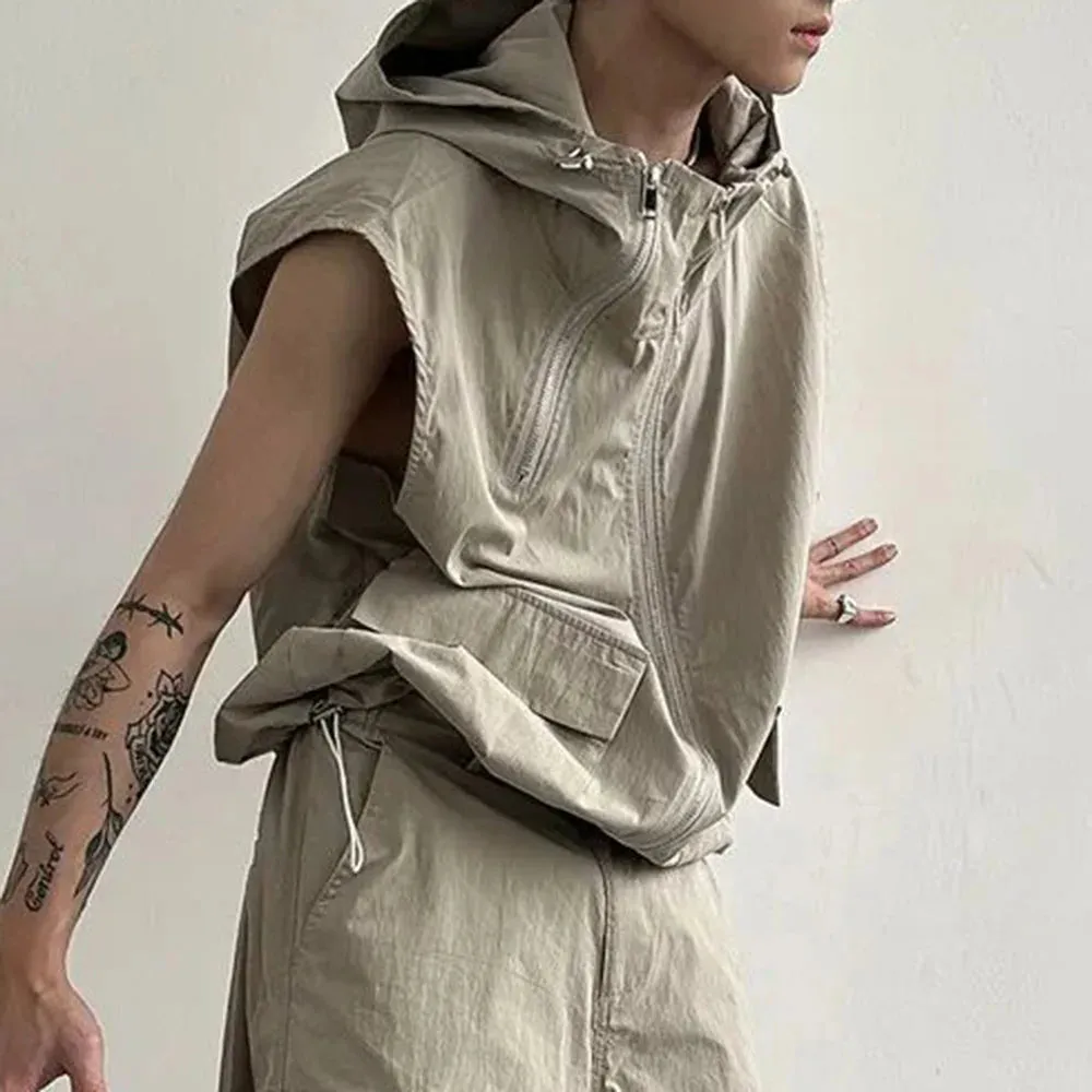 Bonsir Men Cargo Hooded Vest Summer Zipper Sleeveless Tops Male Korean Streetwear Hip Hop Unisex Hoodie Coat Fashion Waistcoat Jacket