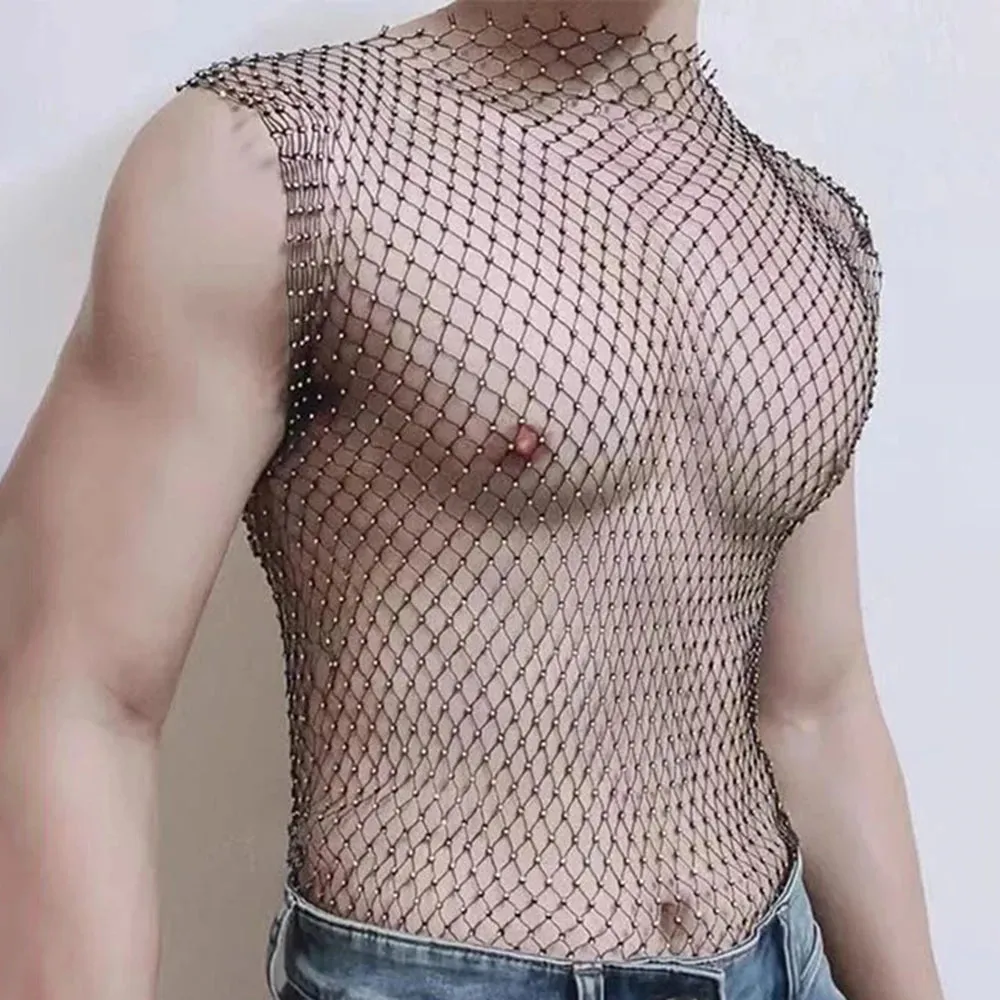 Bonsir New Flash Diamond Hollow Vest Mesh Navel-Baring Vest Mens Sexy Fishnet Perspective Trendy Nightclub Lgbt Sexy Underwear