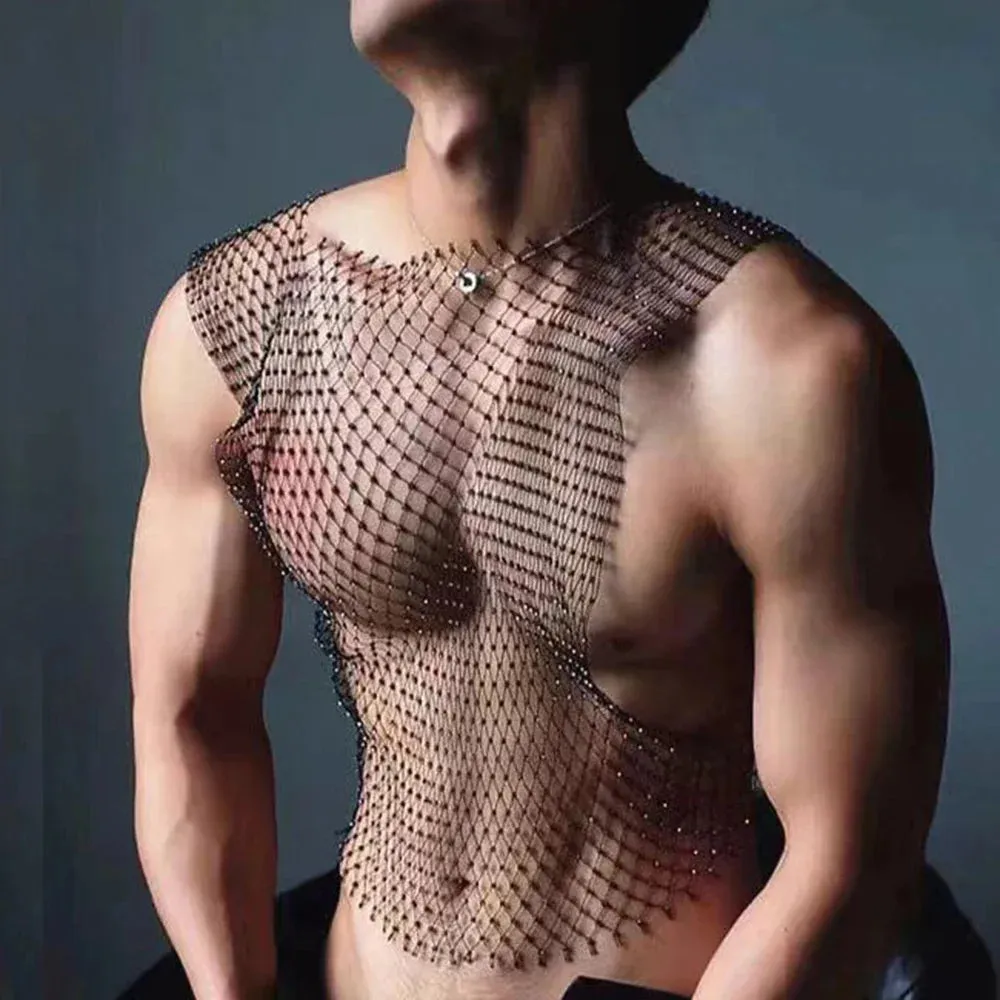 Bonsir New Flash Diamond Hollow Vest Mesh Navel-Baring Vest Mens Sexy Fishnet Perspective Trendy Nightclub Lgbt Sexy Underwear