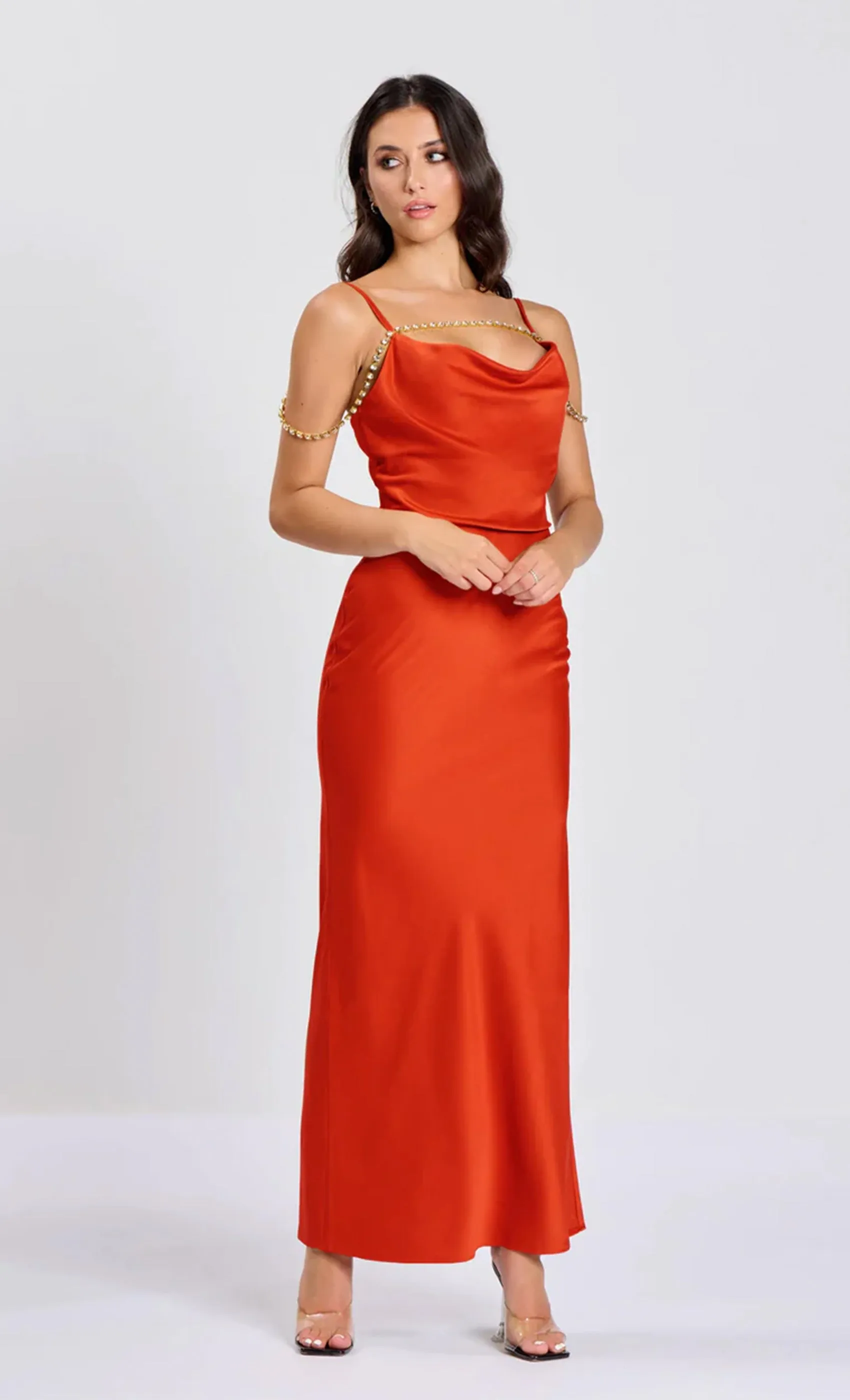 Burnt Orange Diamante Chain Slip Maxi Dress