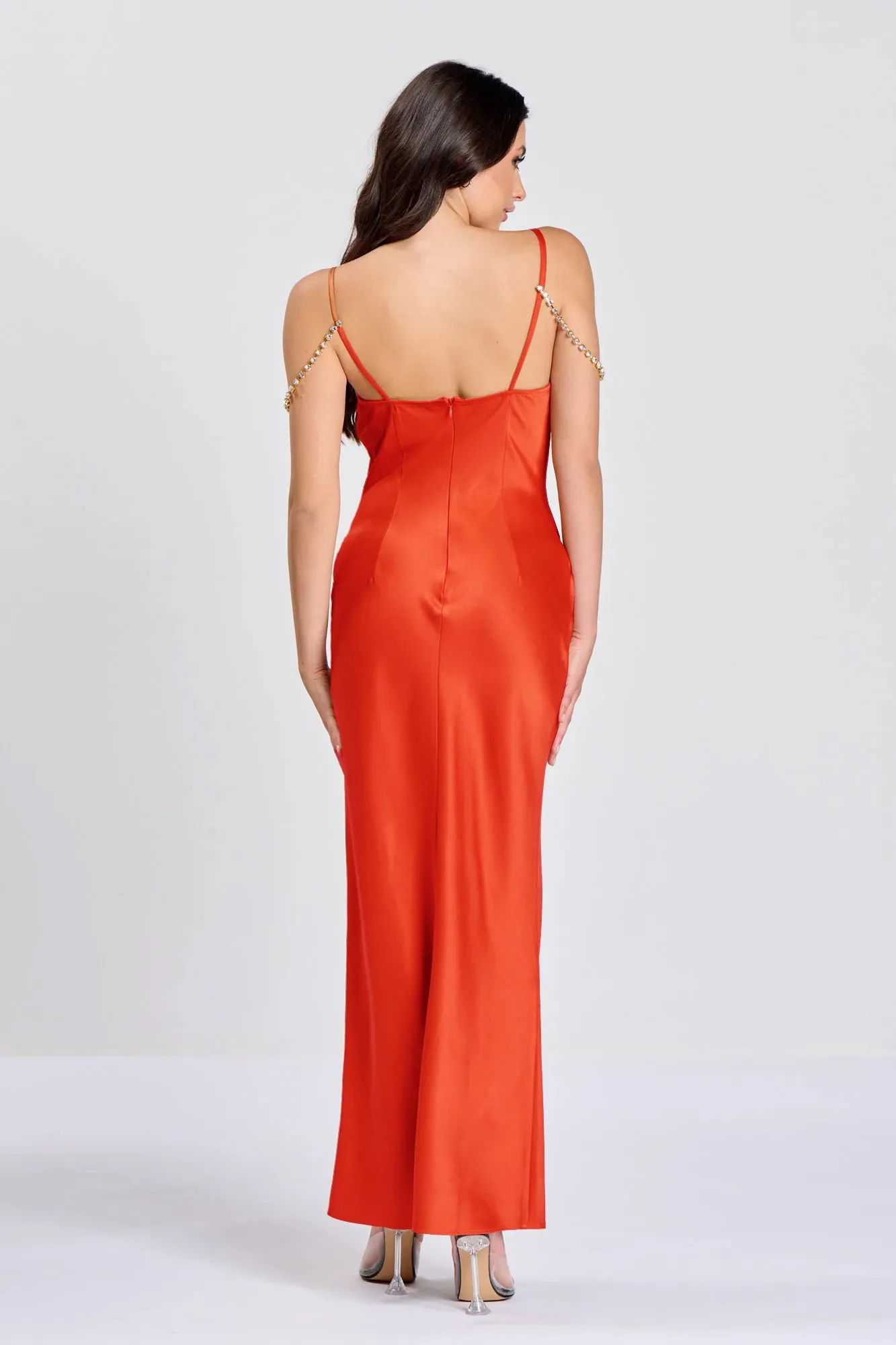 Burnt Orange Diamante Chain Slip Maxi Dress