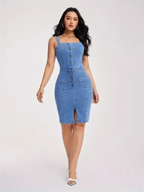 Chic Sleeveless Half-Button Front Denim Dress with Side Slit - Figure-Hugging Design with Functional Pockets - Casual to Night-Out Wear