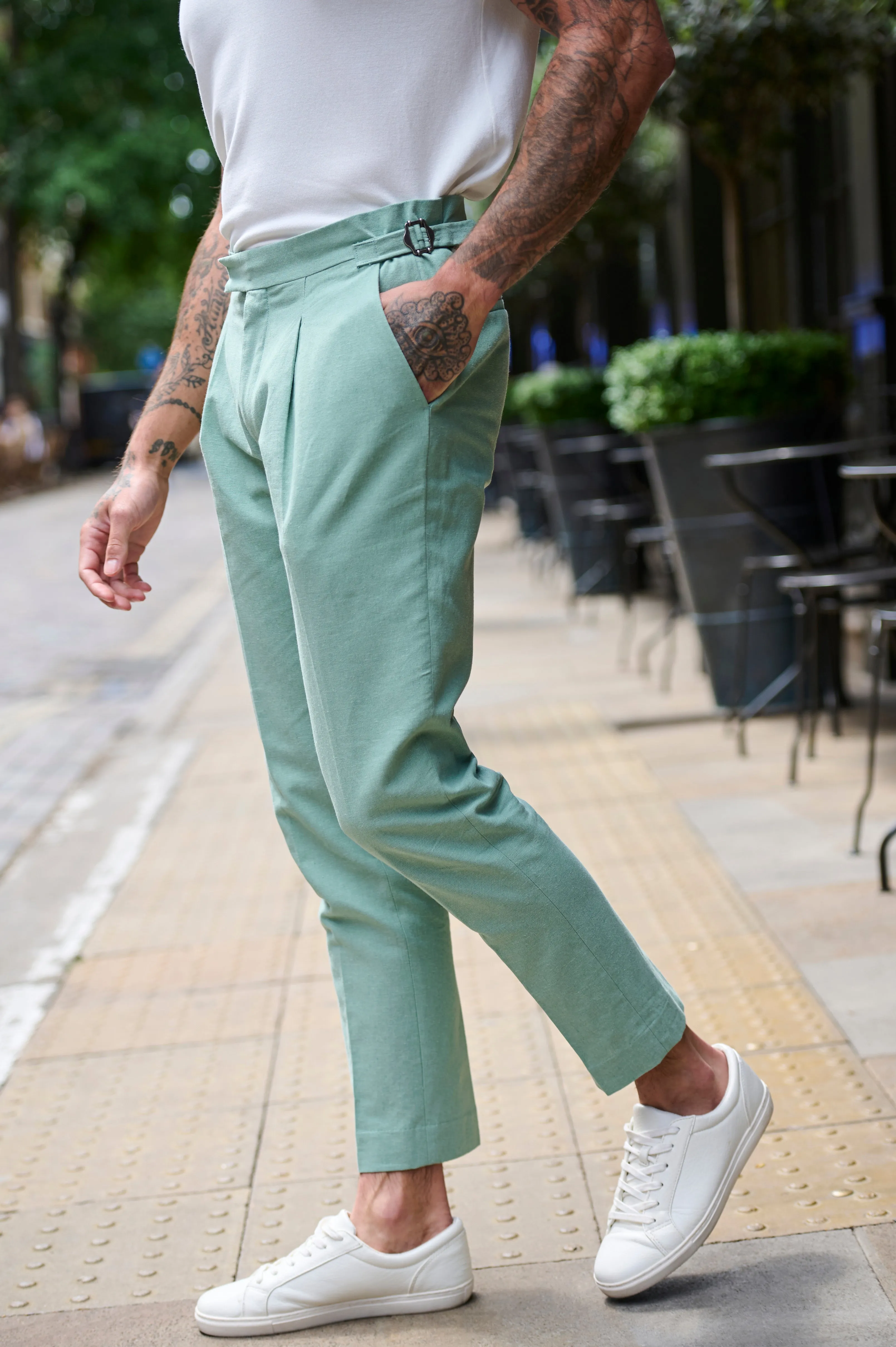 Chris Slim Fit Linen Cotton Blend Suit Smart Trousers in Pastel Green