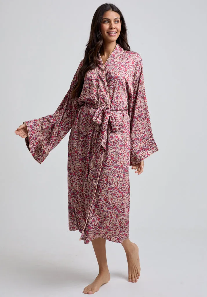 Corina Kimono Style Aster Print Robe In Pink