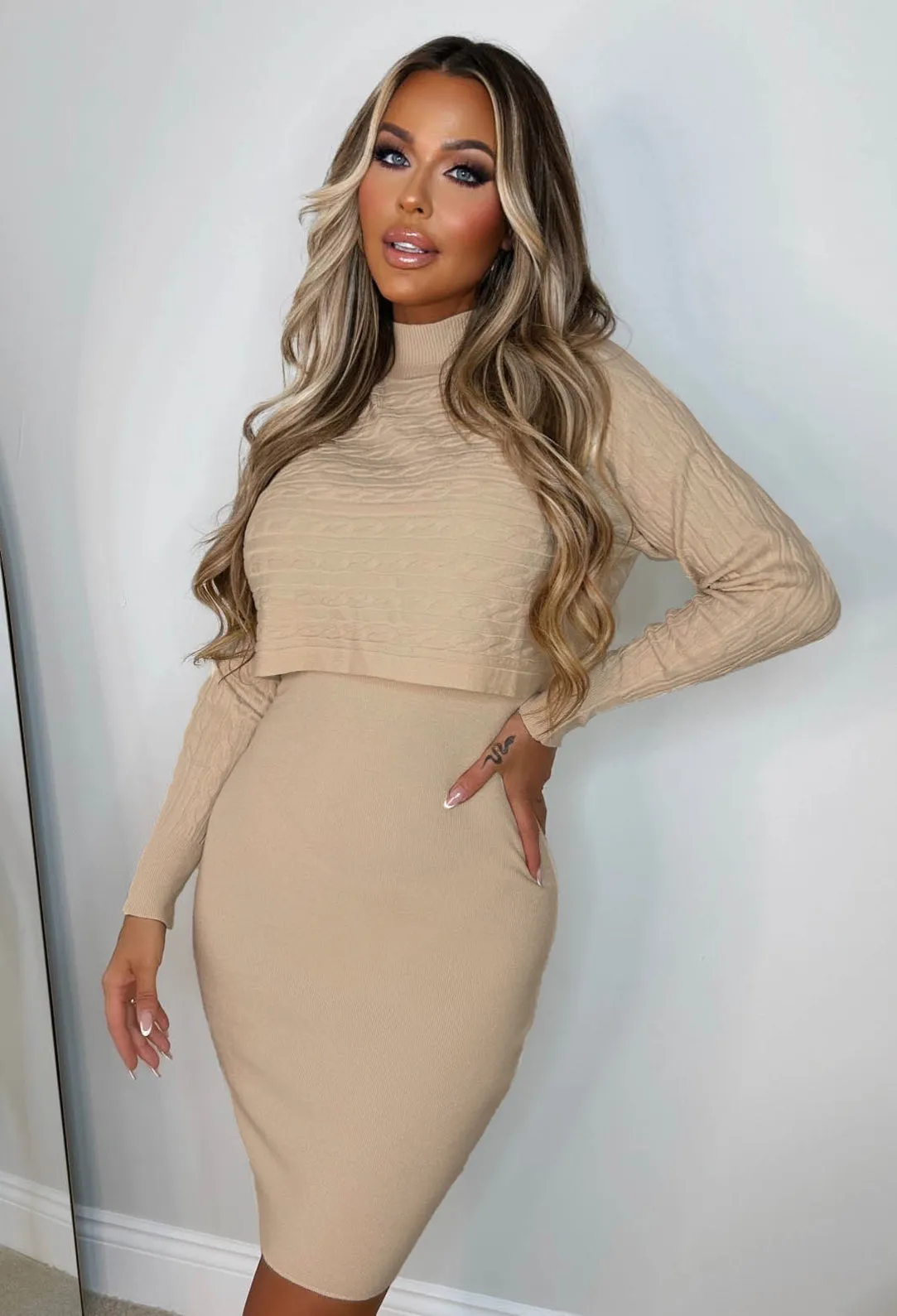 Cosy In Cable Cream Ultra Soft Knitted 2-IN-1 Jumper And Midi Dress