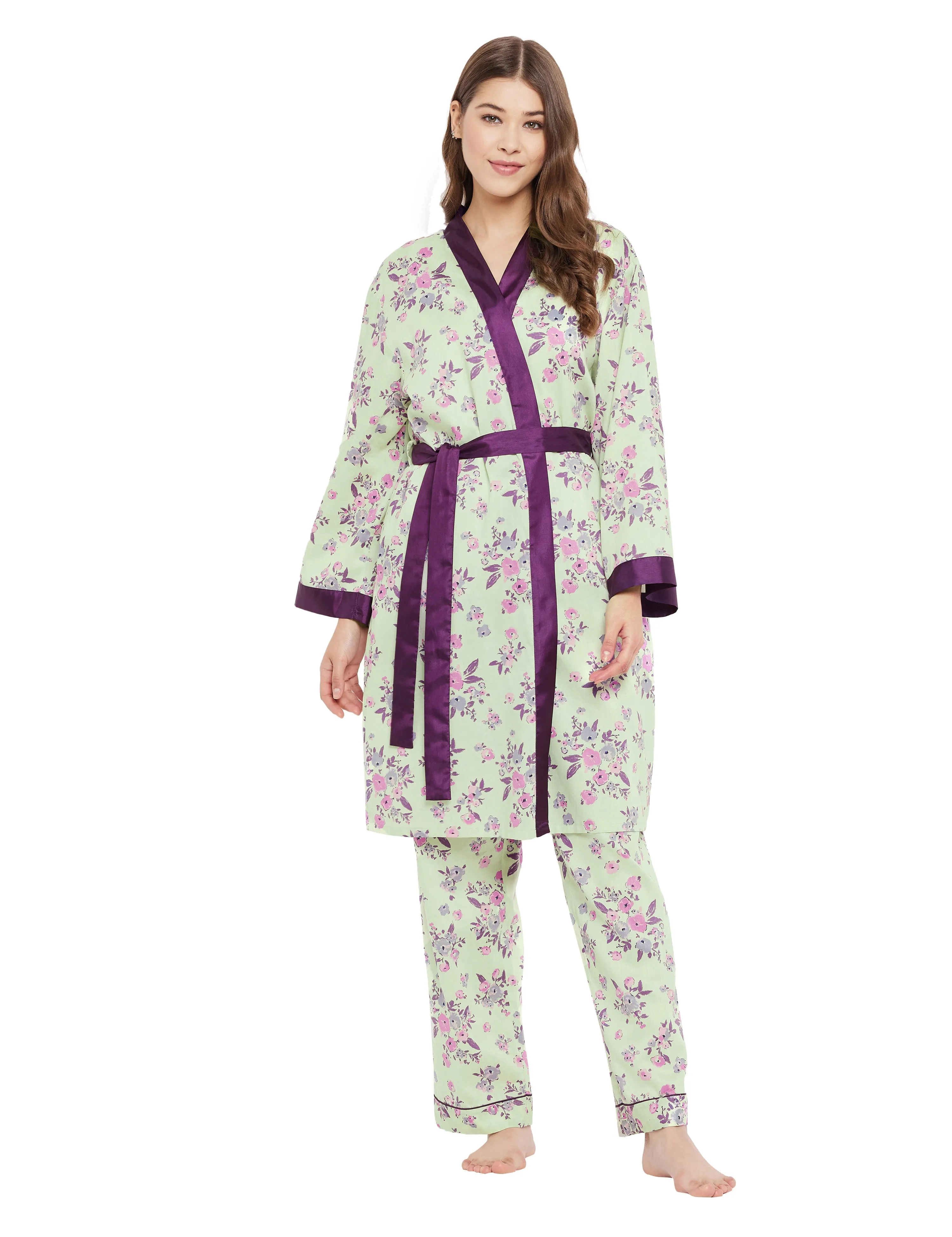 Cotton Satin Printed Robe Top Pyjama Set of 3