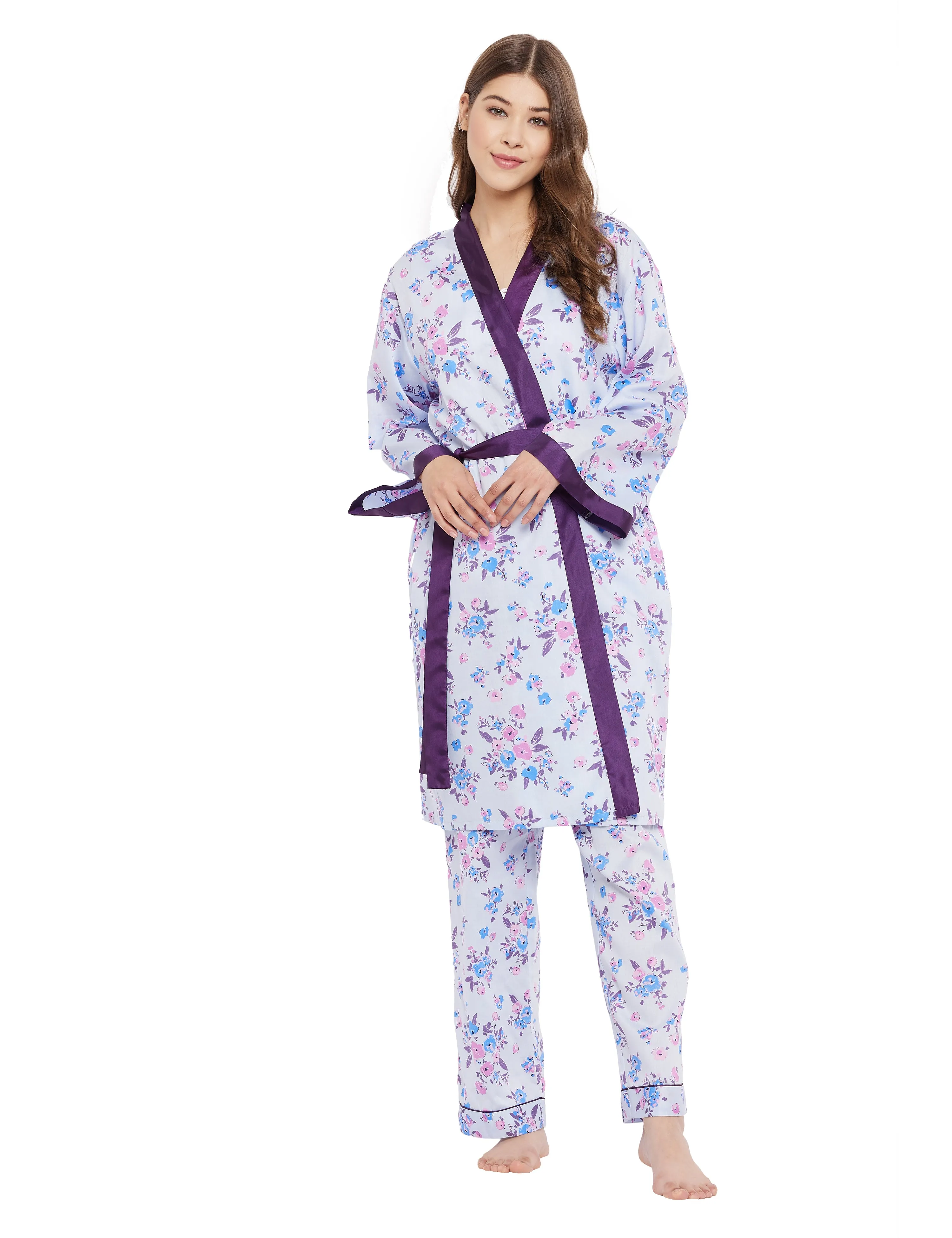 Cotton Satin Printed Robe Top Pyjama Set of 3