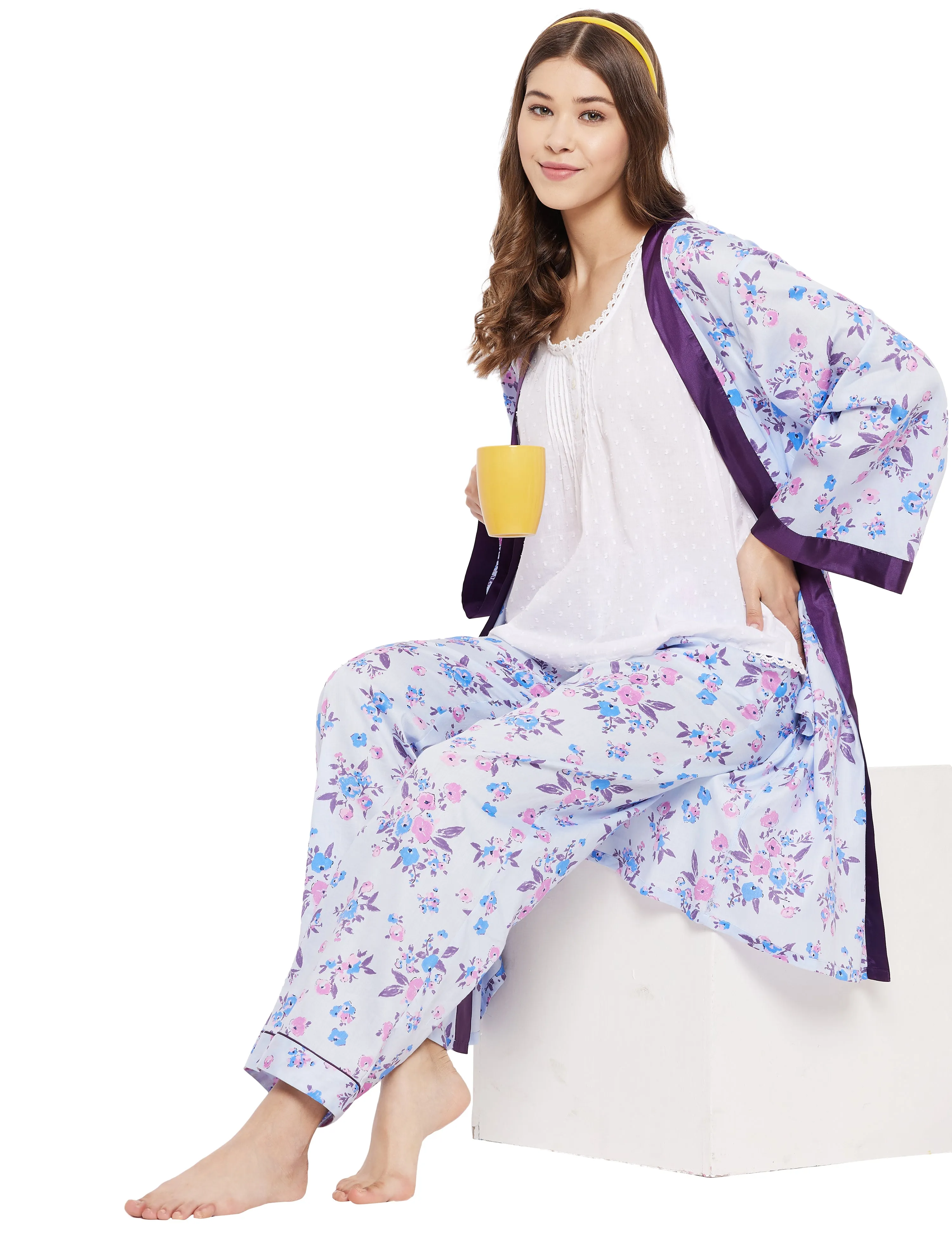 Cotton Satin Printed Robe Top Pyjama Set of 3