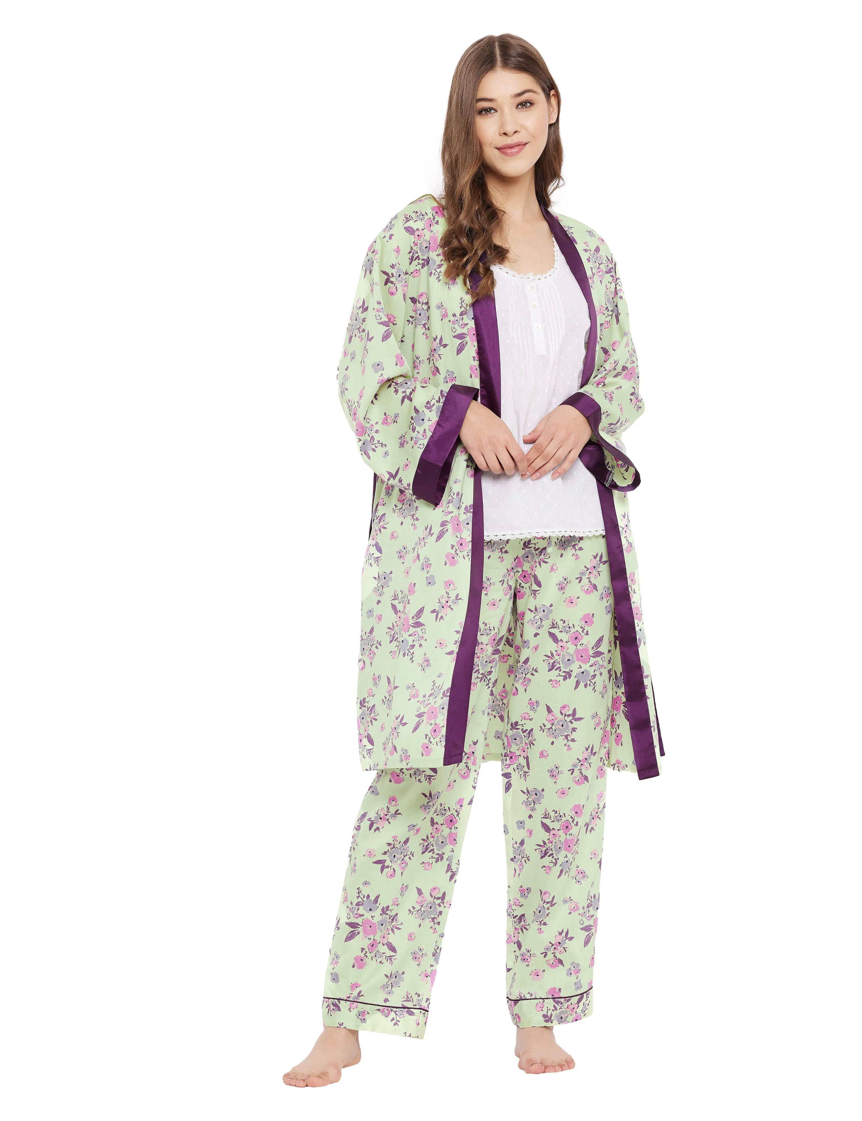 Cotton Satin Printed Robe Top Pyjama Set of 3