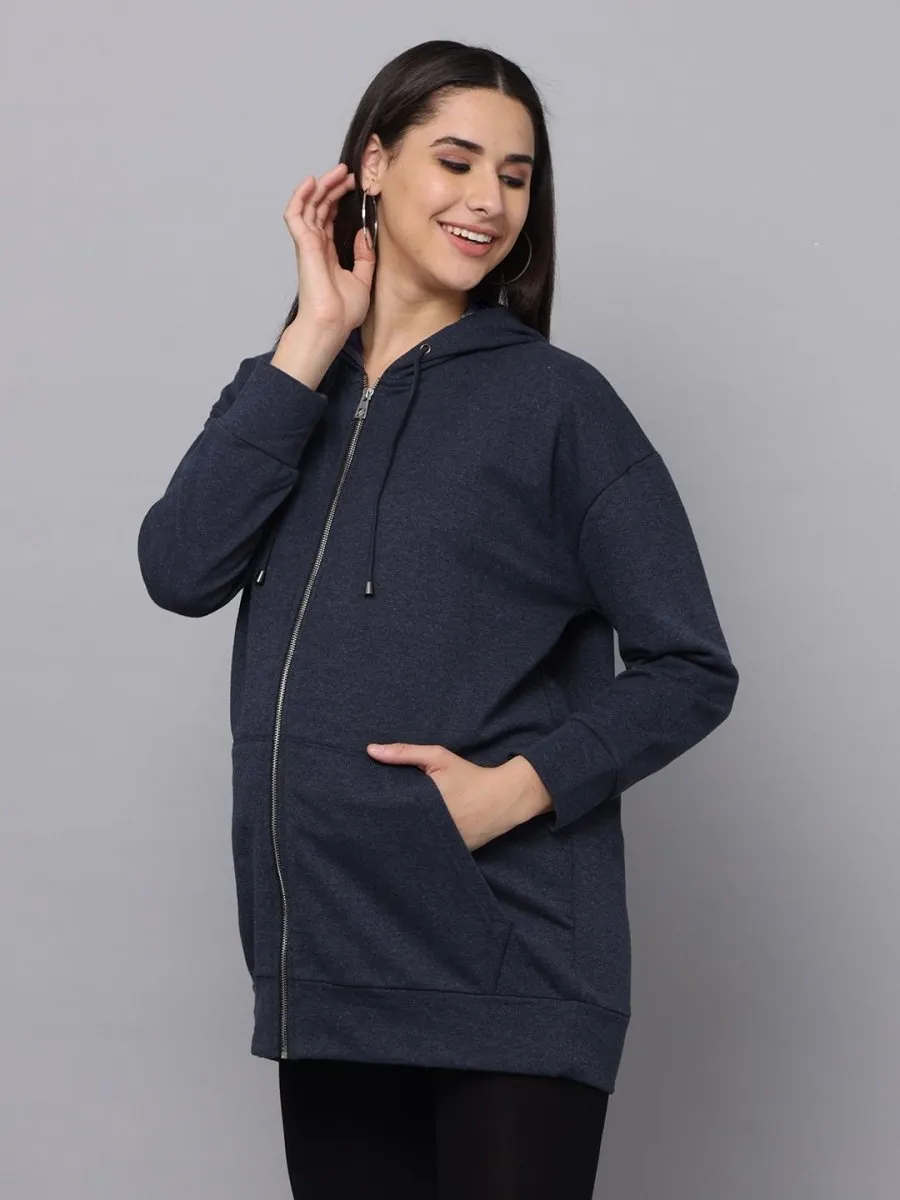 Crown Blue Oversized Maternity Zipper Hoodie