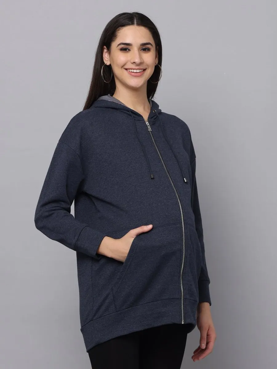 Crown Blue Oversized Maternity Zipper Hoodie