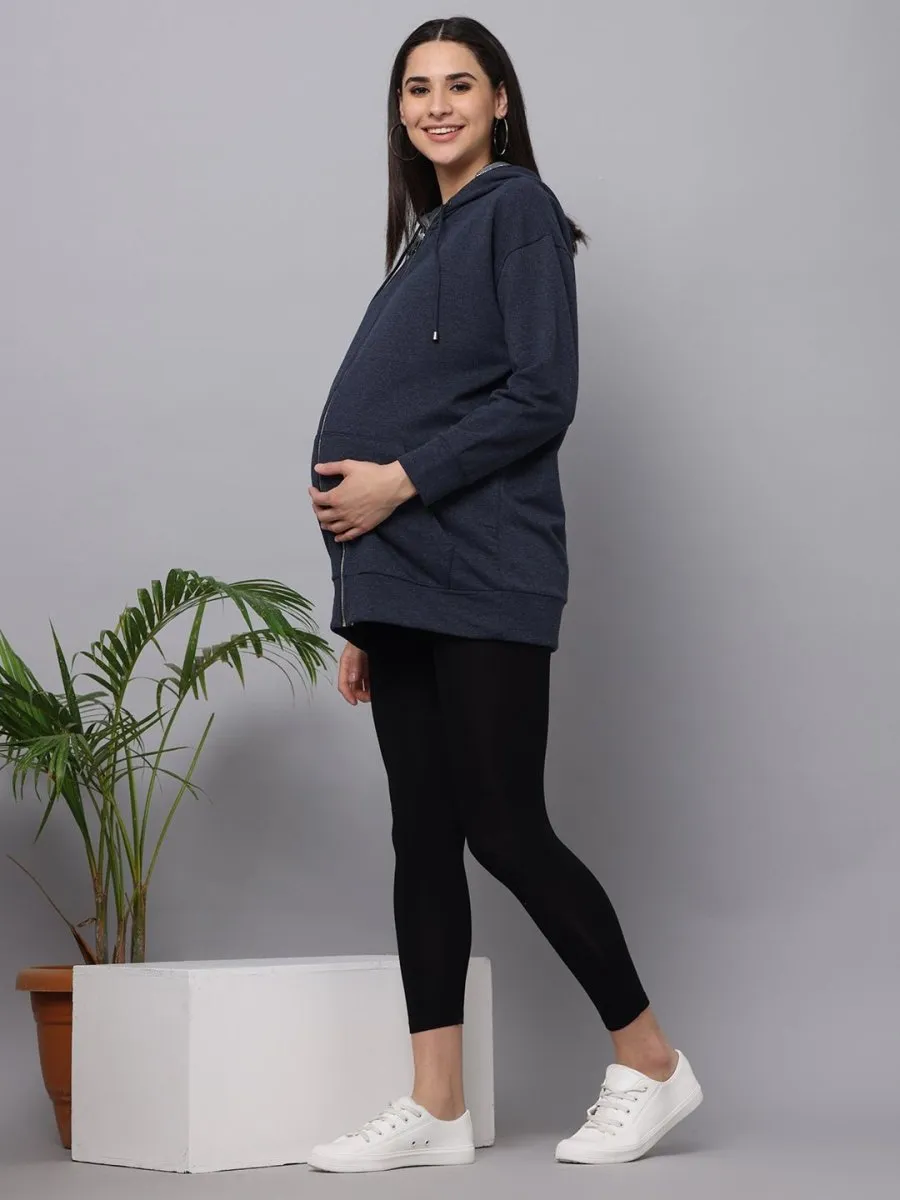 Crown Blue Oversized Maternity Zipper Hoodie