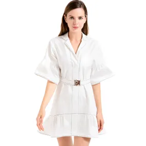 D020 Women solid cotton twill short sleeves belted smart casual mini dress