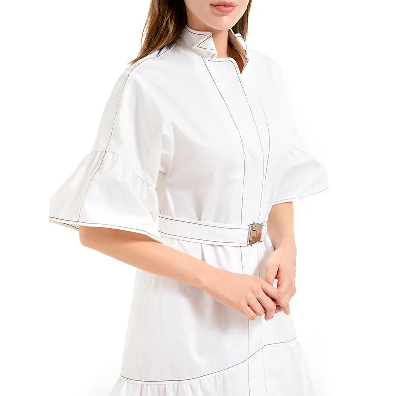 D020 Women solid cotton twill short sleeves belted smart casual mini dress