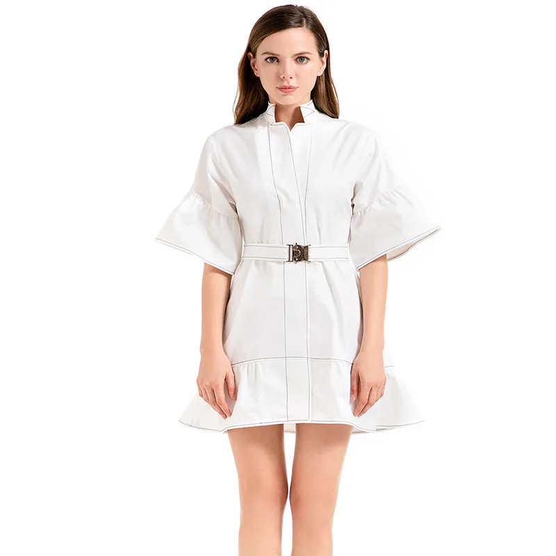 D020 Women solid cotton twill short sleeves belted smart casual mini dress