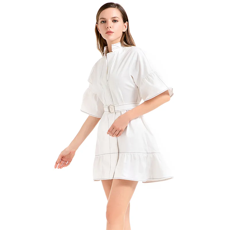 D020 Women solid cotton twill short sleeves belted smart casual mini dress