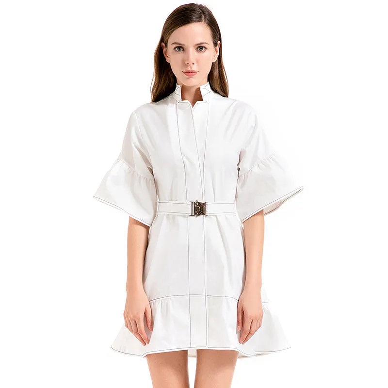 D020 Women solid cotton twill short sleeves belted smart casual mini dress