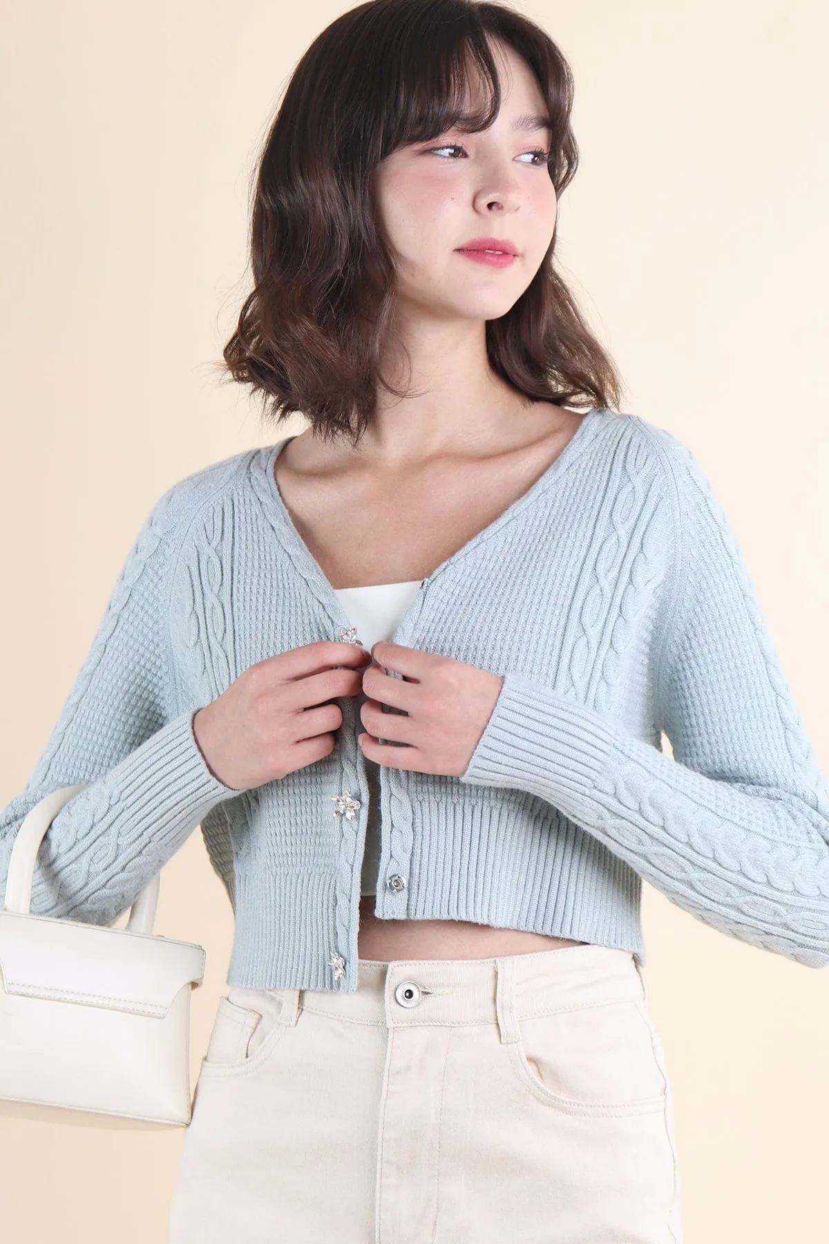 DANIELLE WEAVED CARDIGAN IN MINT BLUE