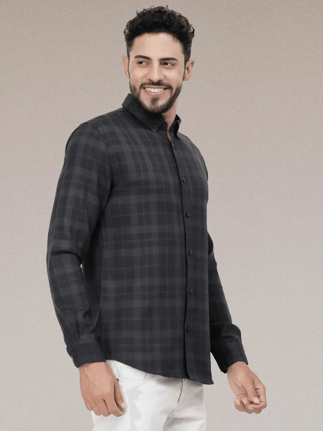 Dark  Checkered Button Down Casual Shirt