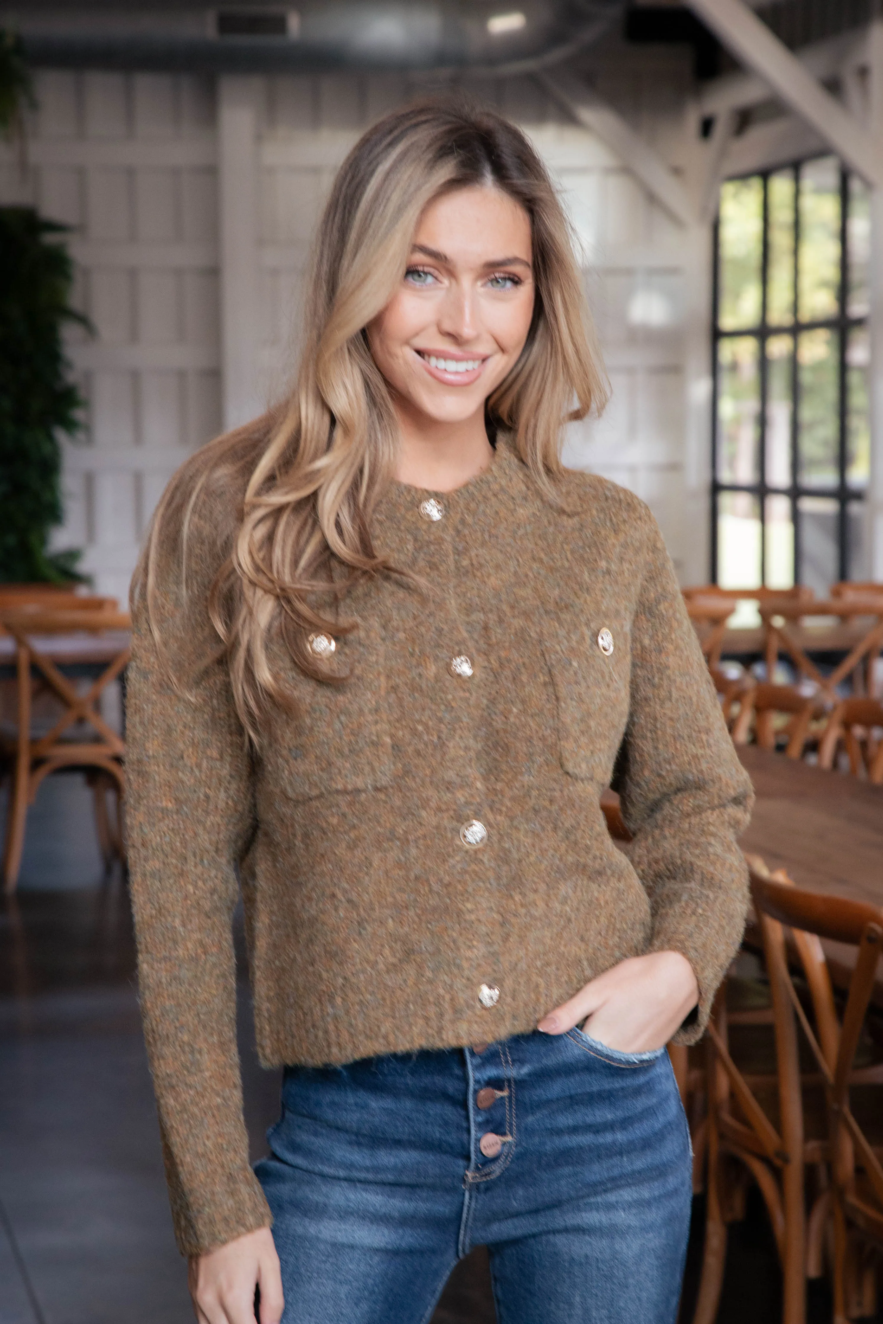 Delanie Button Detail Boucle Cardigan, Olive