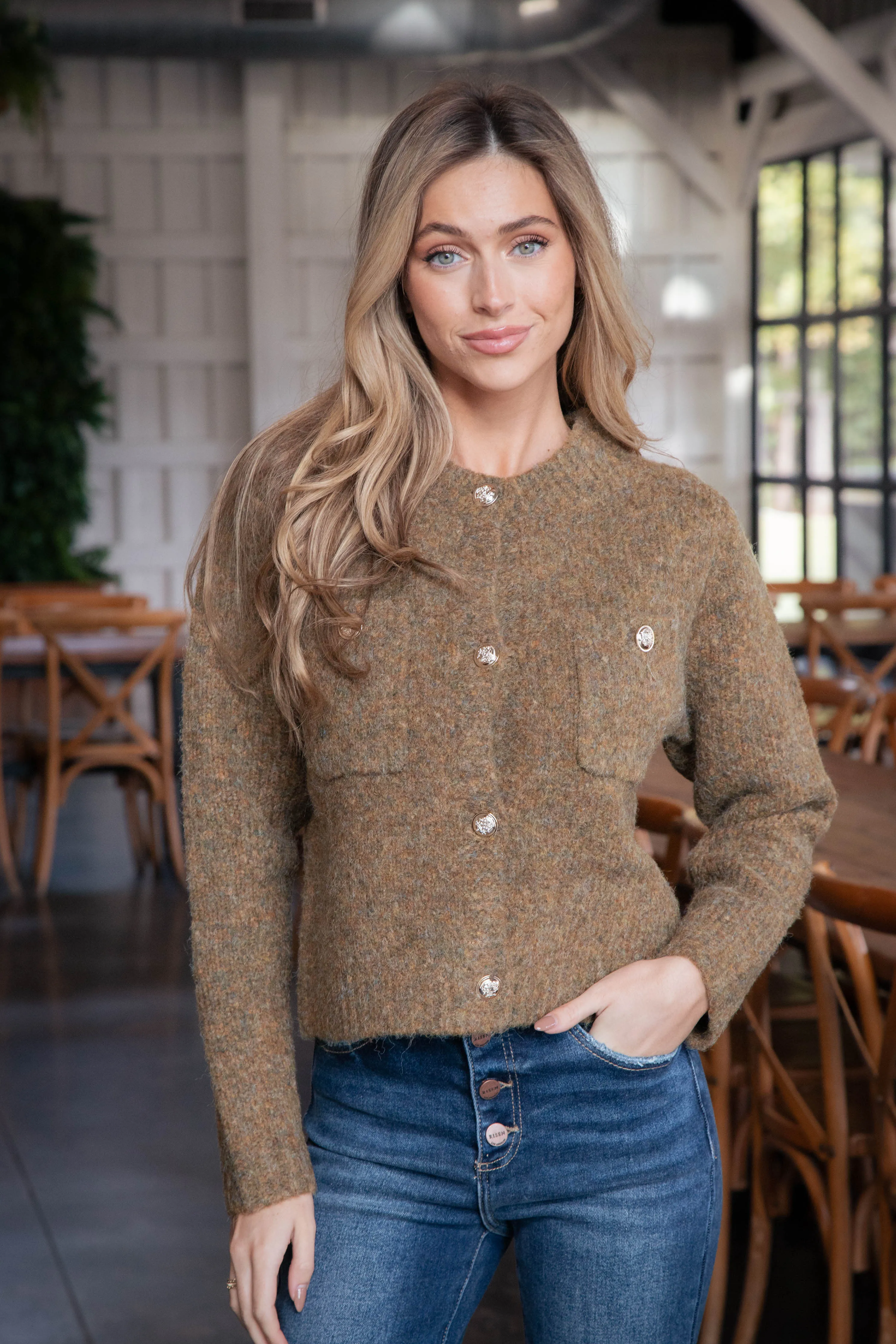 Delanie Button Detail Boucle Cardigan, Olive