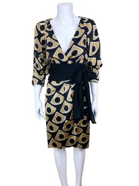 Diane von Furstenberg Women's Lanii Silk Wrap Dress Black Gold Size 4 with Tags