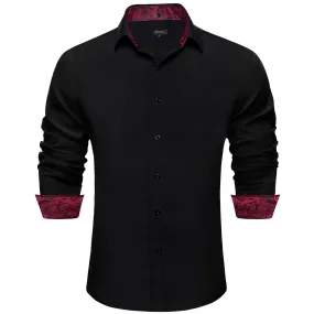 DiBanGu Black Solid Splicing Burgundy Paisley Silk Mens Long Sleeve Shirt