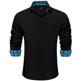 DiBanGu Black Solid Splicing Deep Teal Plaid Silk Mens Long Sleeve Shirt