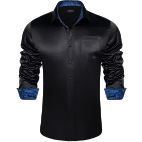 DiBanGu Collar Shirt Onyx Black Satin Splicing Solid Button Down Mens Shirt for Business