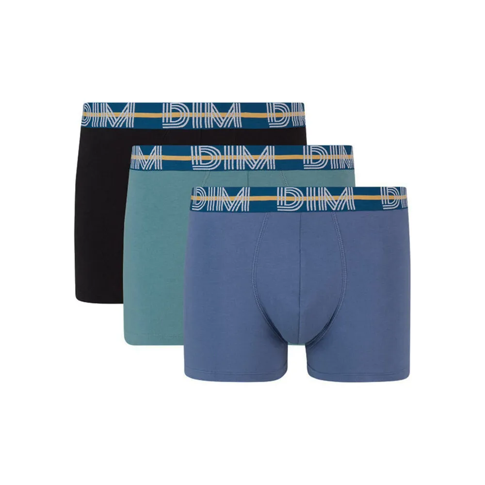 Dim Powerful 3 Pack Stretch Cotton Trunks In Blue And Black With Contrast Waistband