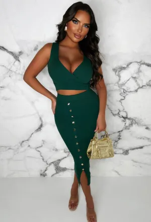 Elegant Lover Green Wrap Top Button Midi Skirt Knitted Co-Ord Set