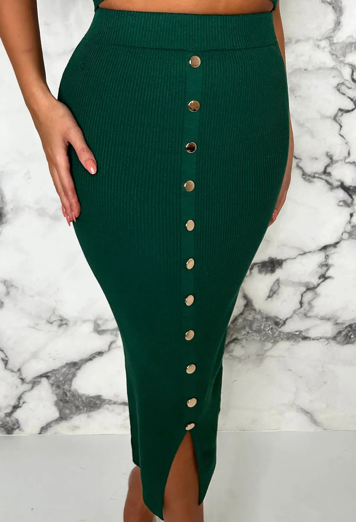 Elegant Lover Green Wrap Top Button Midi Skirt Knitted Co-Ord Set