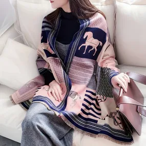 Elegant Polyester Scarf for Women - 100% Polyester Woven Scarf with Horse Print, Inelastic Warm Decorative Shawl for Weekend Casual - Thick Winter Fashion Scarves without Feathers