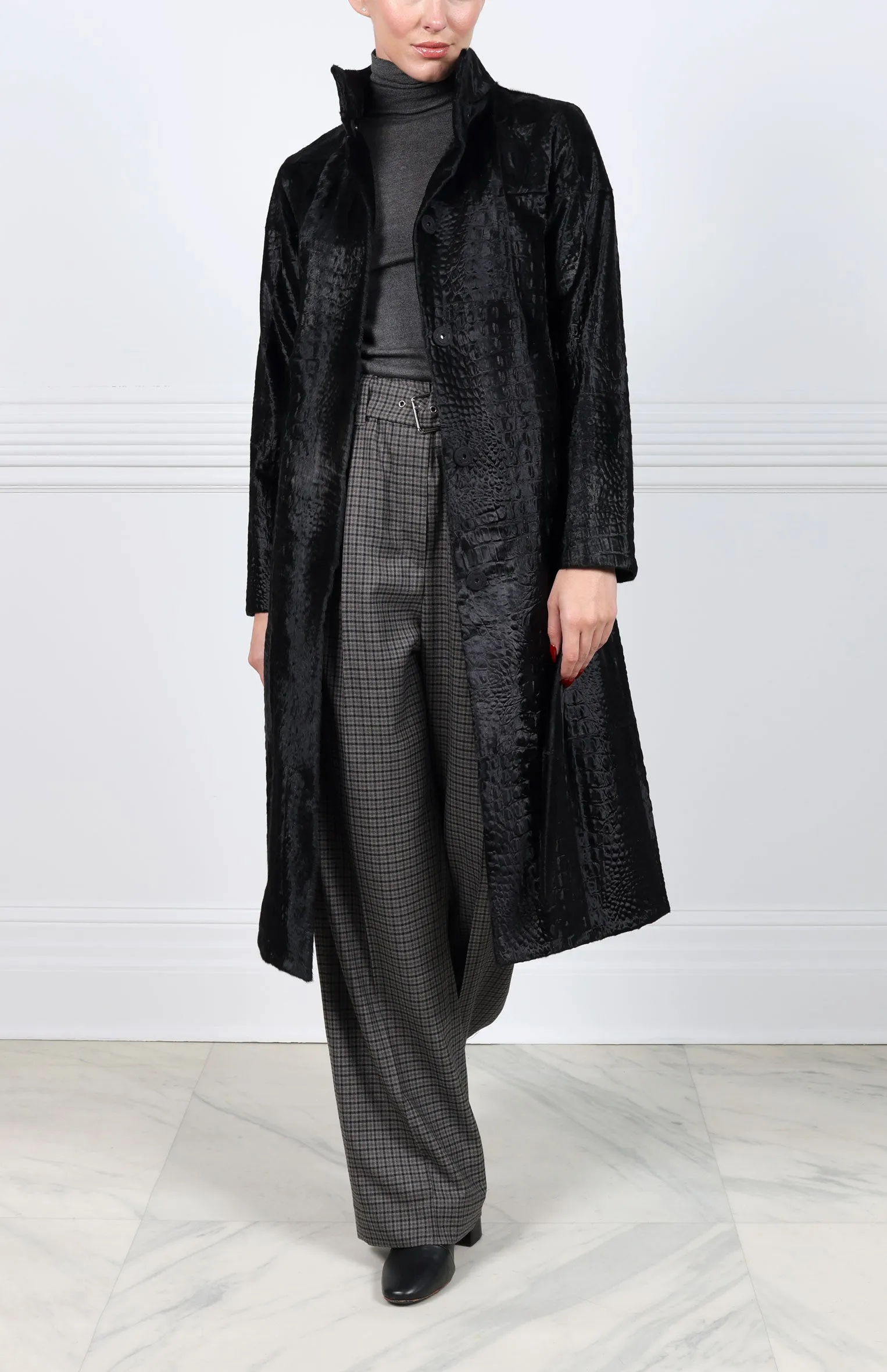 Embossed Lamb Stand Collar Belted Coat in Black