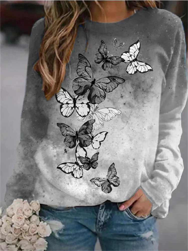 Fashionkova   Fashion Butterfly 3D Print T-Shirt Women's Hoodie 2022 Autumn Long Sleeve Vintage Tops Ladies Oversized Casual Loose T Shirt