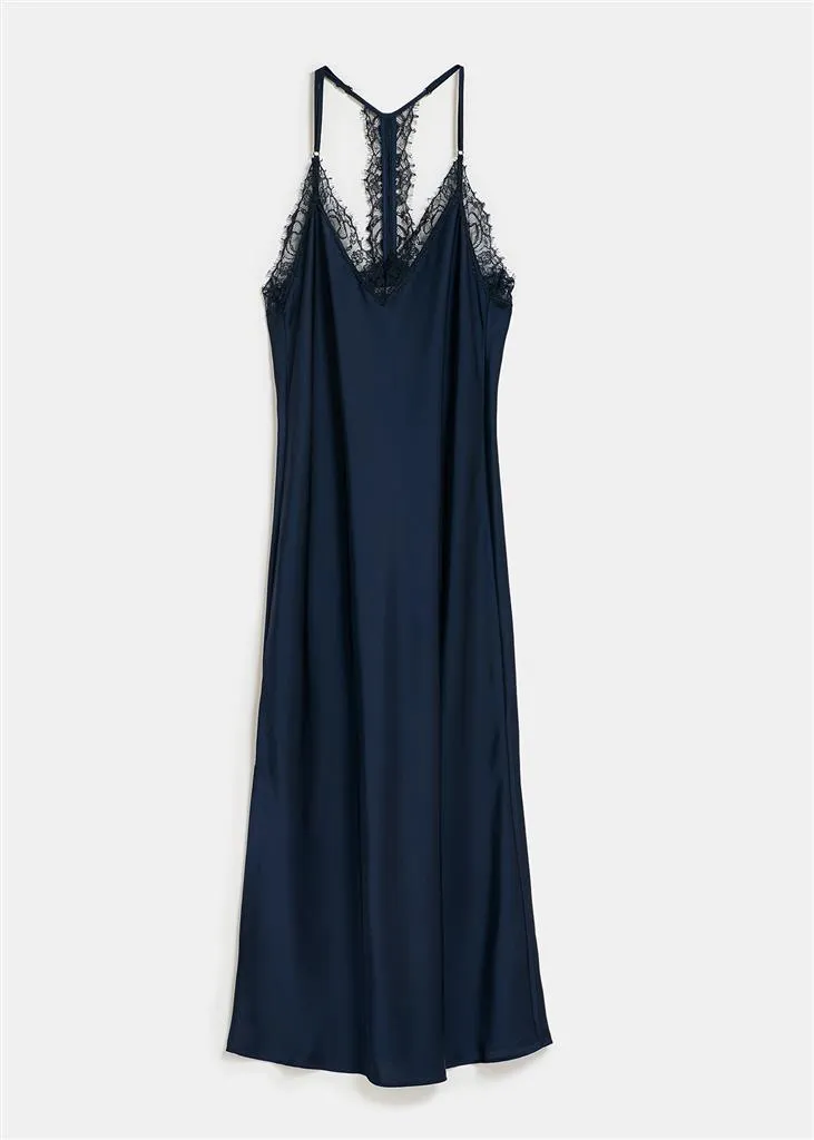 Feist Slip Dress with Lace Trimmings - Navy