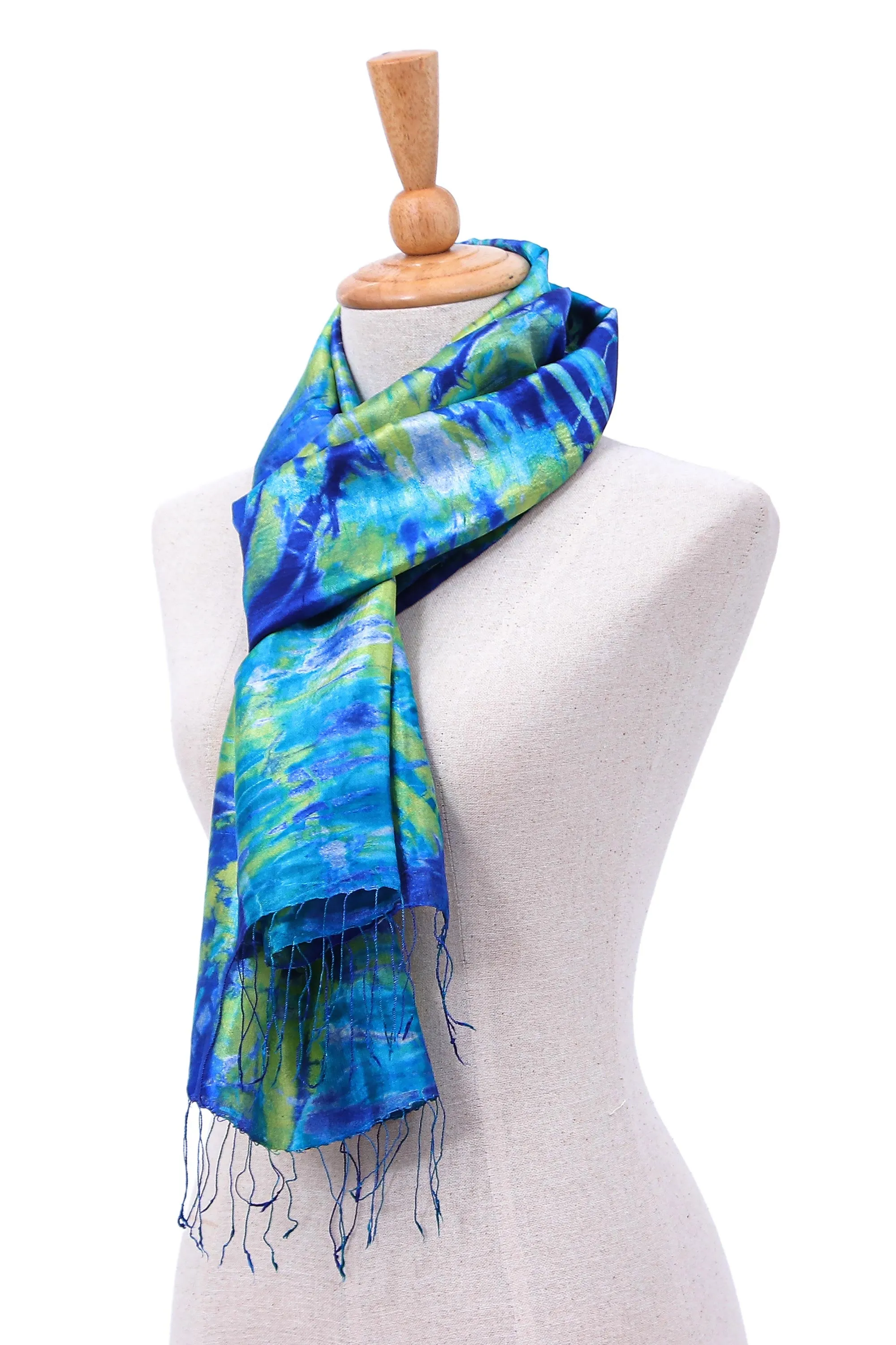 Fringed Tie-Dyed Silk Scarf - Smiling Sea | NOVICA